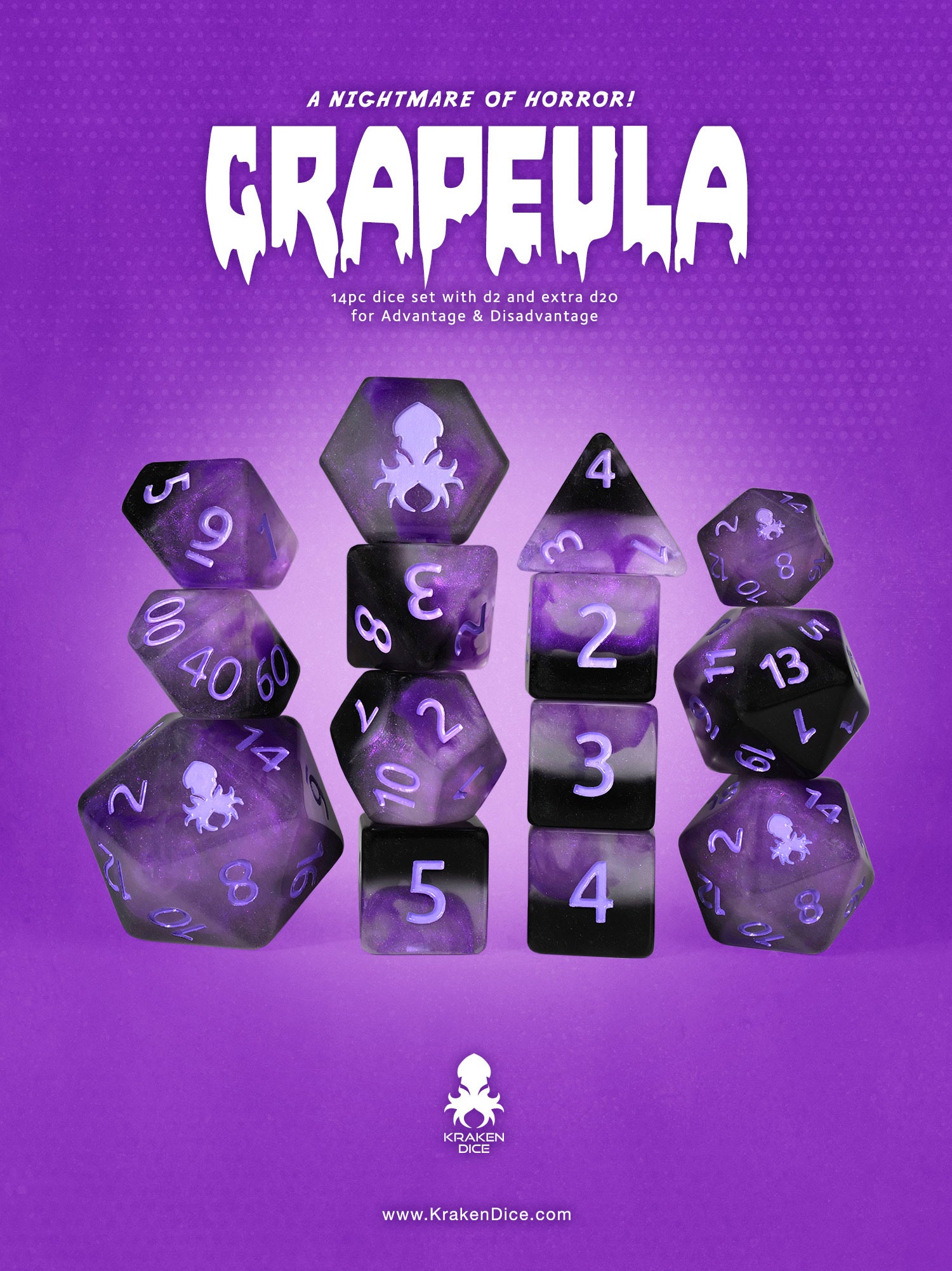 Grapeula 14pc Dice Set Inked in Purple